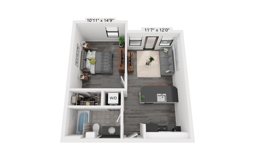 A2 - 1 bedroom floorplan layout with 1 bathroom and 507 square feet