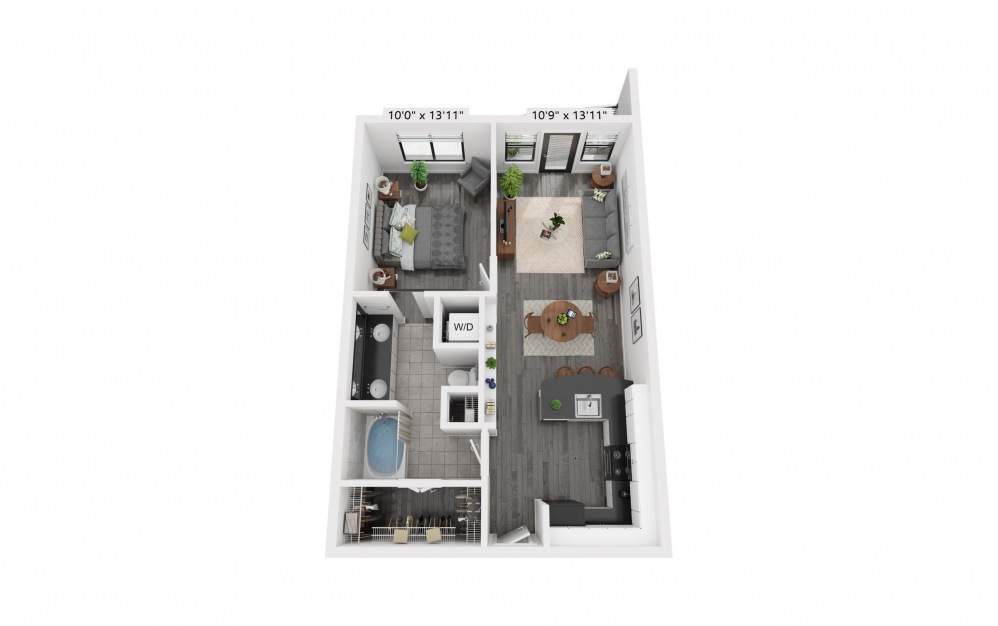 A5b - 1 bedroom floorplan layout with 1 bath and 701 square feet.