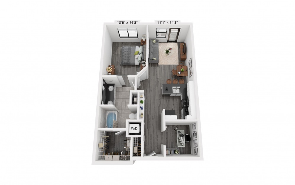 A7a - 1 bedroom floorplan layout with 1 bath and 801 square feet.