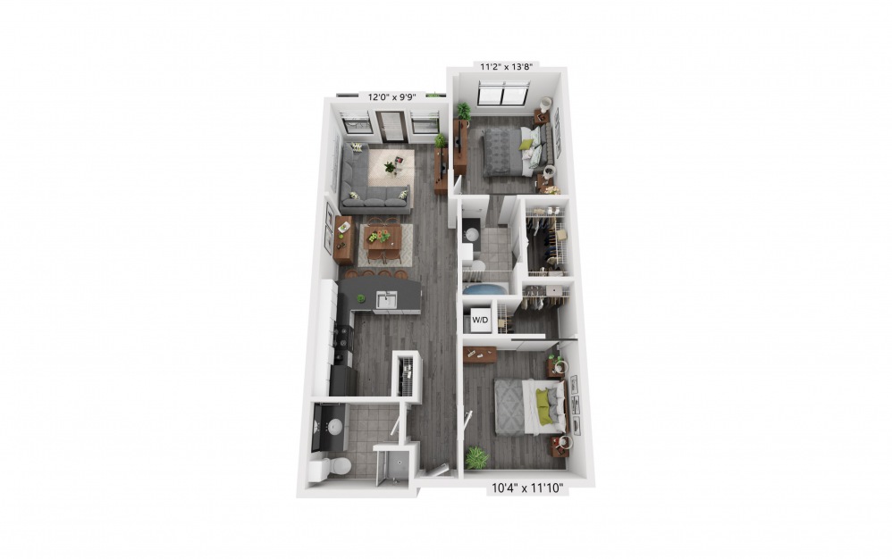 B1 - 2 bedroom floorplan layout with 2 baths and 900 square feet.
