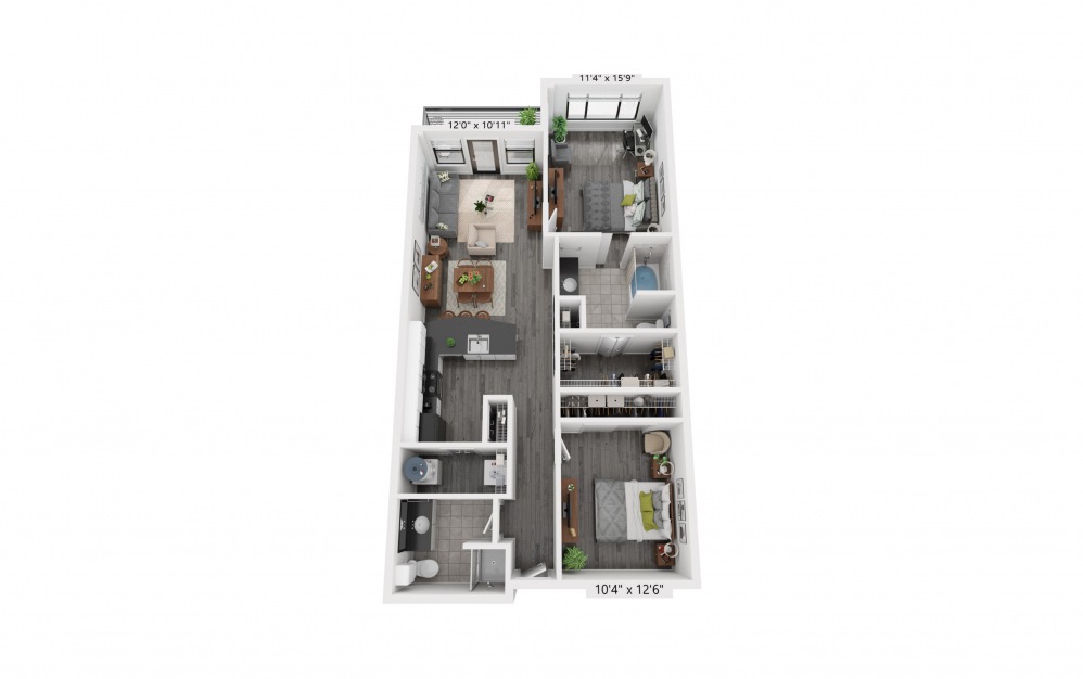 B2 - 2 bedroom floorplan layout with 2 baths and 994 square feet.