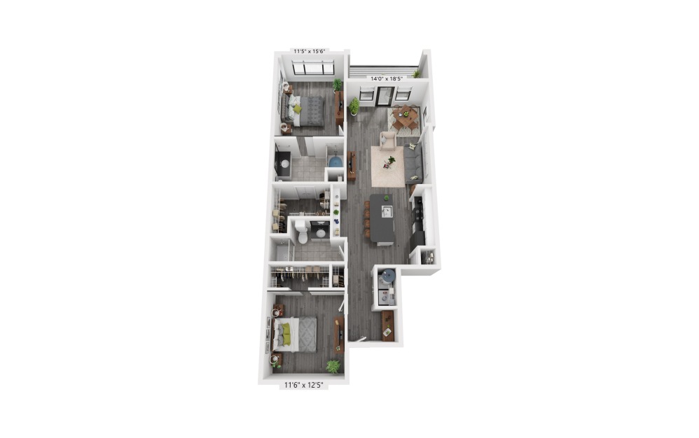 B3 - 2 bedroom floorplan layout with 2 bathrooms and 1184 square feet