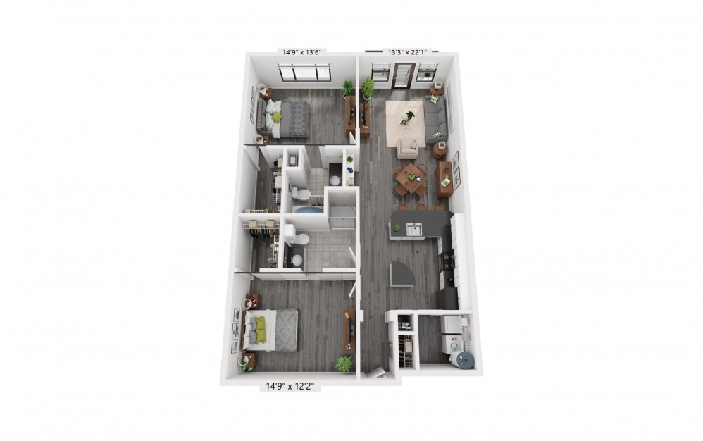 B13 - 2 bedroom floorplan layout with 2 baths and 1363 square feet.