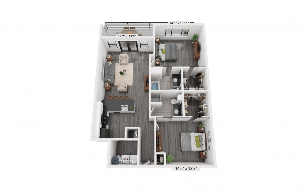 B7 - 2 bedroom floorplan layout with 2 baths and 1152 square feet.