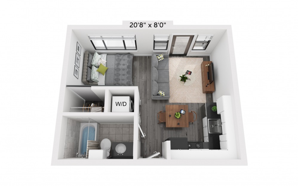 E1 - Studio floorplan layout with 1 bath and 392 square feet.