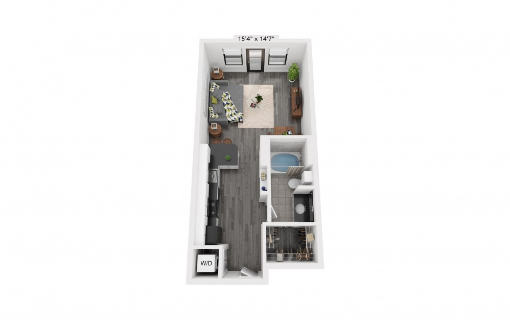 A3 - 1 bedroom floorplan layout with 1 bath and 648 square feet.