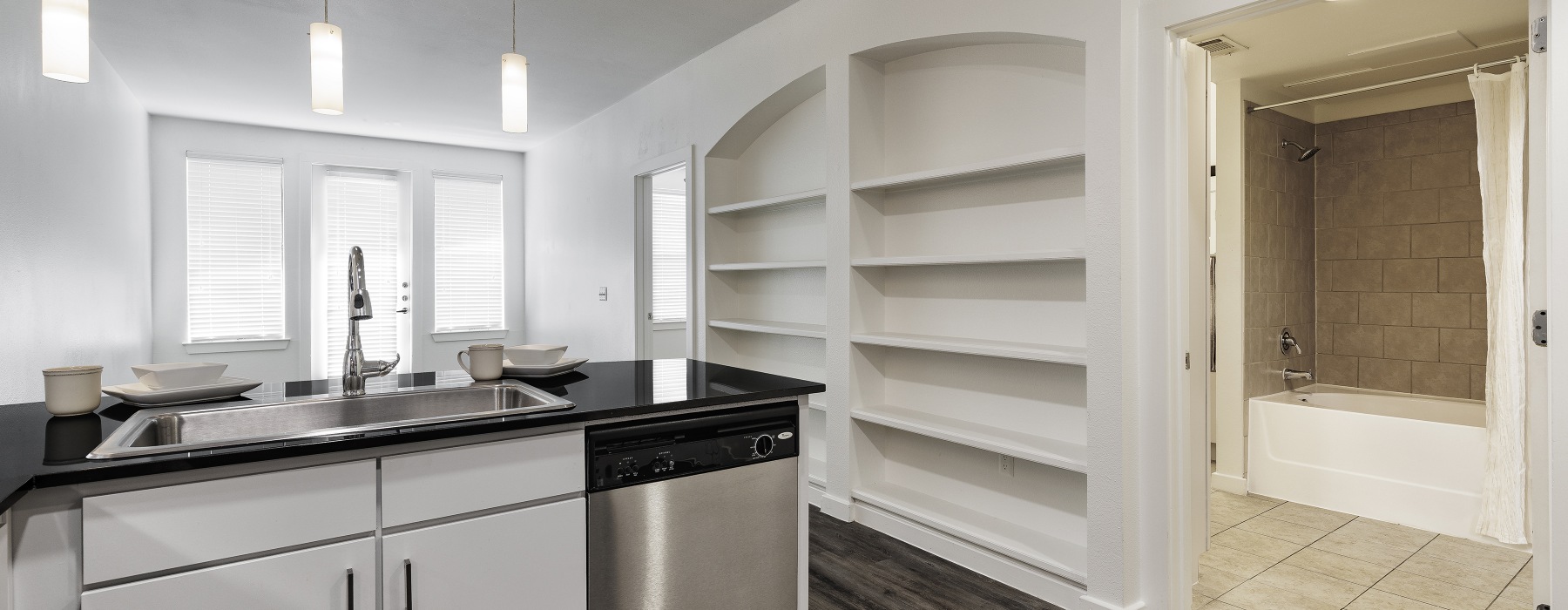 open shelving in apartment homes at Crescent